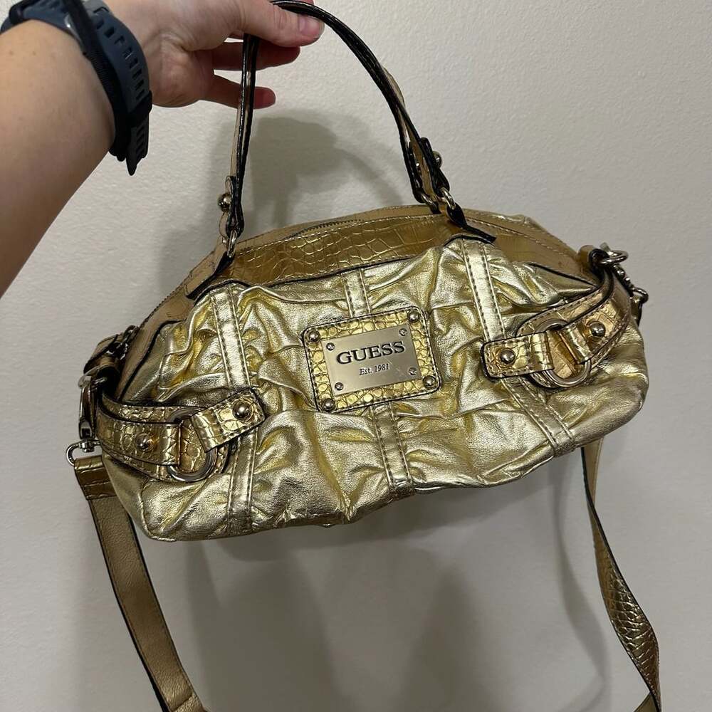 Vtg Guess Y2K metallic Gold crocodile-embossed barrel satchel